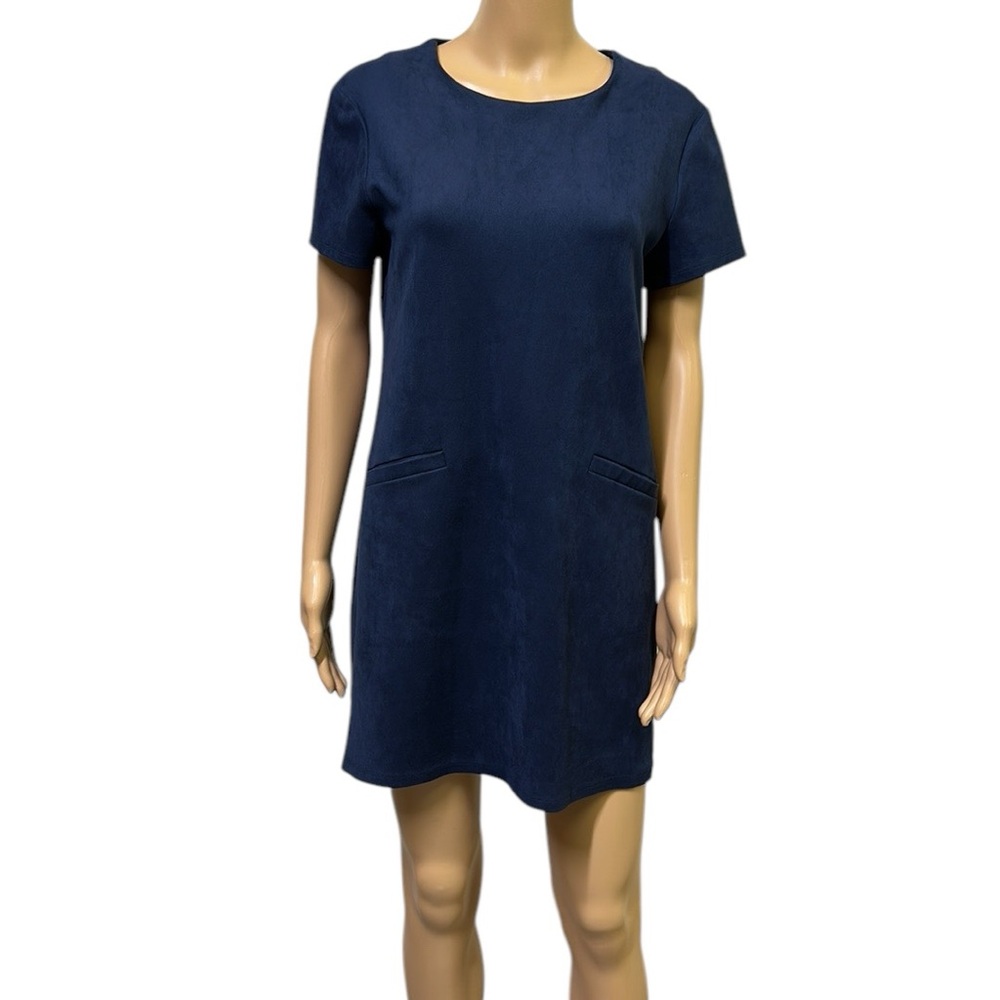 Wayf Faux Suede Blue Short Sleeve Shift Lined Mini Dress Faux Pockets Womens S